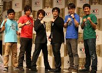 『真・三國無双6』発表会より。写真左から、重岡謙作、藤原一裕、田村淳、鈴木亮浩、金成公信、田村裕