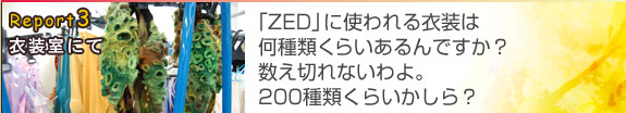 Report3 衣装室にて
「ZED」に使われる衣装は何種類くらいあるんですか？
数え切れないわよ。200種類くらいかしら？
