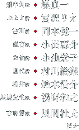 飛車角役：堤真一／おとよ役：宮沢りえ／宮川役：岡本健一／瓢吉役：小出恵介／お袖役：小池栄子／照代役：村川絵梨 横井役：鈴木浩介 黒馬先生役：浅野和之／吉良常役：風間杜夫／ほか