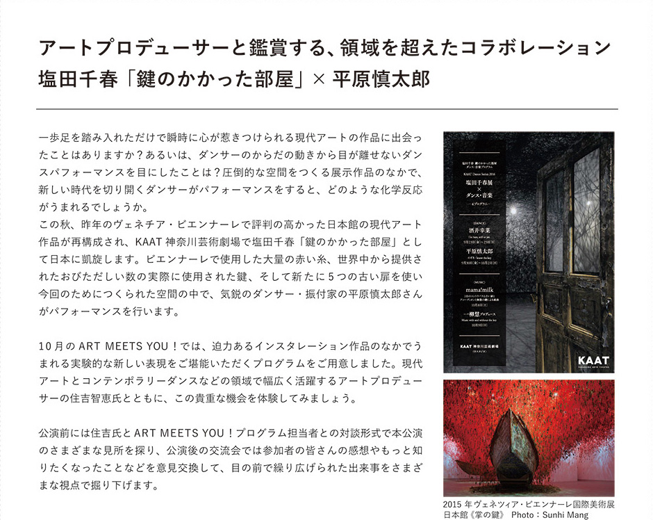 アートプロデューサーと鑑賞する、領域を超えたコラボレーション。塩田千春「鍵のかかった部屋」×平原慎太郎