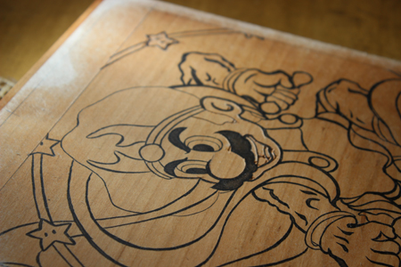 「スーパーマリオ30周年　マリオ＆ルイージ図屏風木版画」制作工程の様子 (C) Nintendo, 作 山本太郎　 2015年
