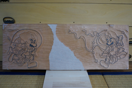 「スーパーマリオ30周年　マリオ＆ルイージ図屏風木版画」制作工程の様子 (C) Nintendo, 作 山本太郎　 2015年