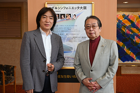 記者会見より。いずみシンフォニエッタ大阪音楽監督西村朗（右）と常任指揮者飯森範親