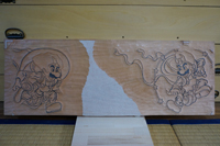 「スーパーマリオ30周年　マリオ＆ルイージ図屏風木版画」制作工程の様子 (C) Nintendo, 作 山本太郎　 2015年