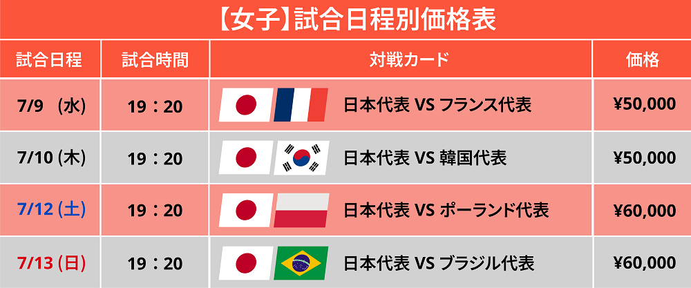 女子日程価格表